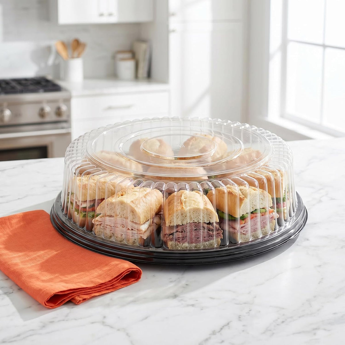 12 Pack 12 Inch Plastic Serving Tray with Lid, Disposable Plastic Food Serving Platters with Clear Dome Lids