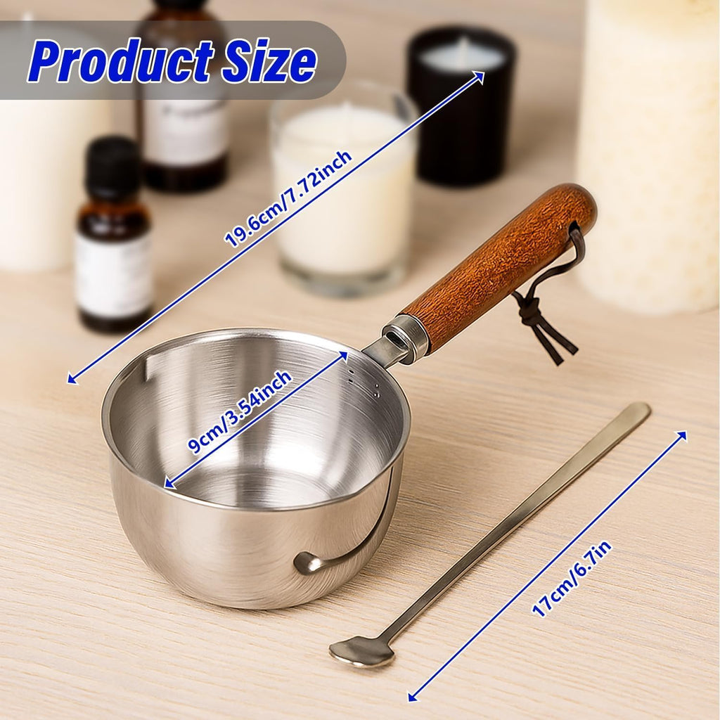 Wooden Handle Wax Melting Pot for Candle Making, Stainless Steel Pouring Pitcher with Spout, Heat-Resistant Handle