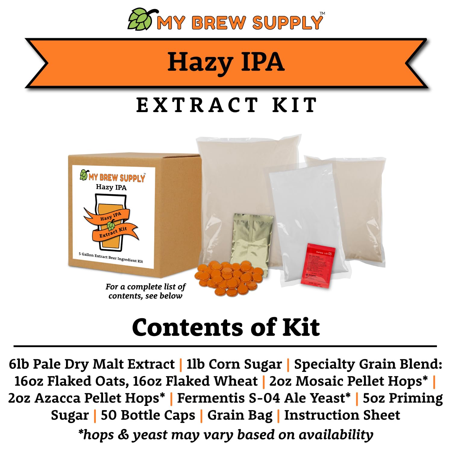 Hazy IPA Extract Kit | Pale Dry Malt Extract | Flaked Wheat & Oats | Corn Sugar | Azacca & Mosaic Hops | English Ale