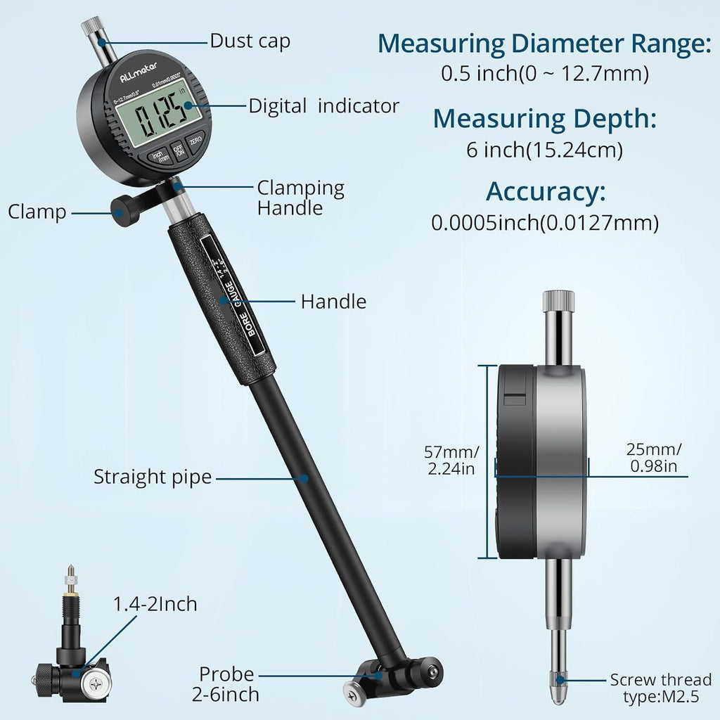 Cylinder Bore Gauge 1.4"-6",Digital LCD Gauge with 15 Anvils