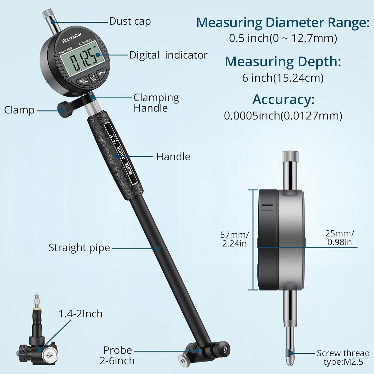 Cylinder Bore Gauge 1.4"-6",Digital LCD Gauge with 15 Anvils