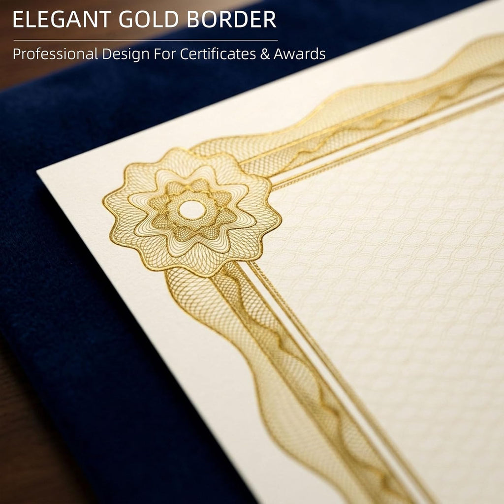 Certificate Paper with Gold Border, 50 Sheets, 8.5 x 11 Inch, 140 GSM | Thick Letter Size Certificate Paper for
