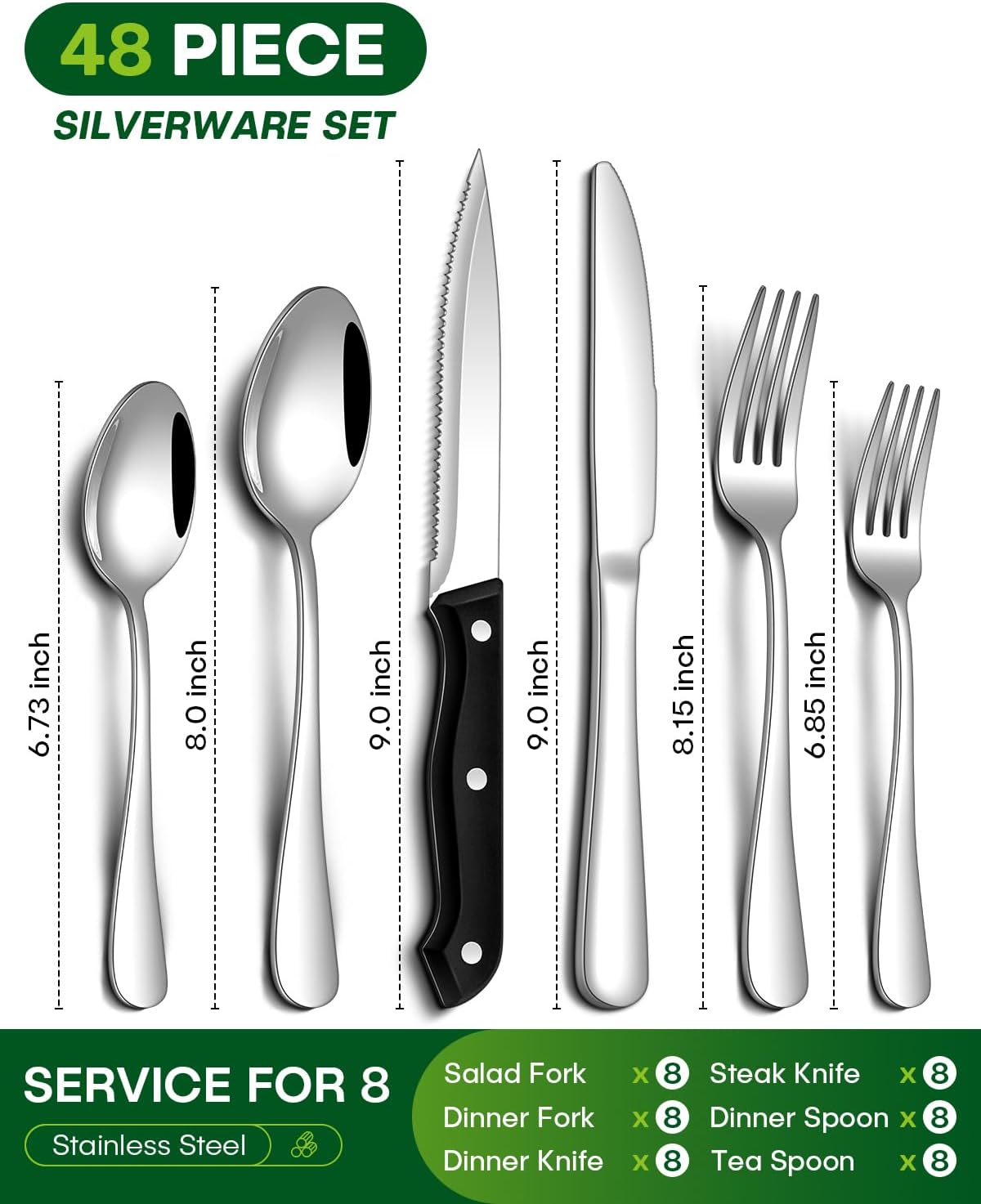 Silverware Set, 48-Piece Flatware Set with Steak Knives for 8, Stainless Steel Mirror Cutlery Include Forks Spoons