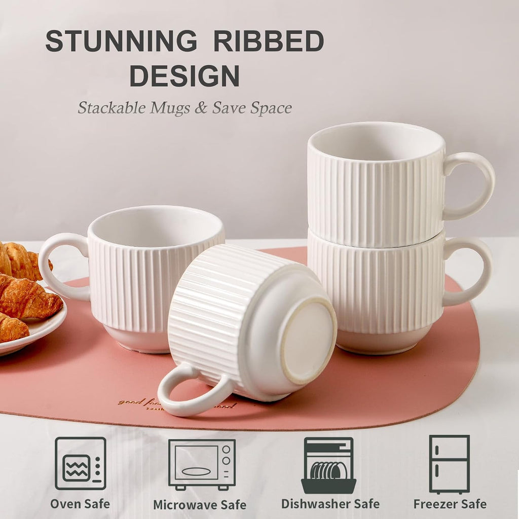 Stackable Coffee Mugs Set of 4 with Stand, Ceramic 15oz Coffee Cups, White