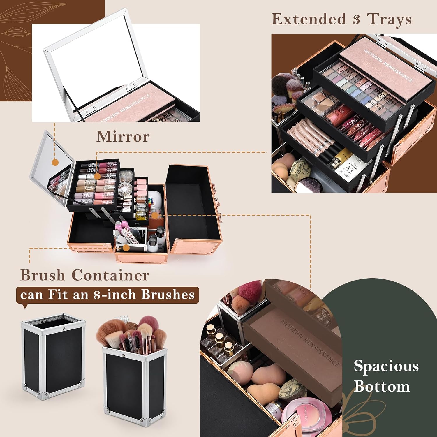 Makeup Case 11.8 Inch Makeup Organizer Case Large Cosmetic Box with Mirror Portable 3 Trays Travel Storage Box for