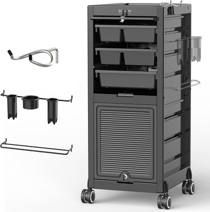 Lockable Salon Trolley, 6-Drawer Rolling Beauty Cart with Tool Holders, Mobile Hair Stylist Station with Locking