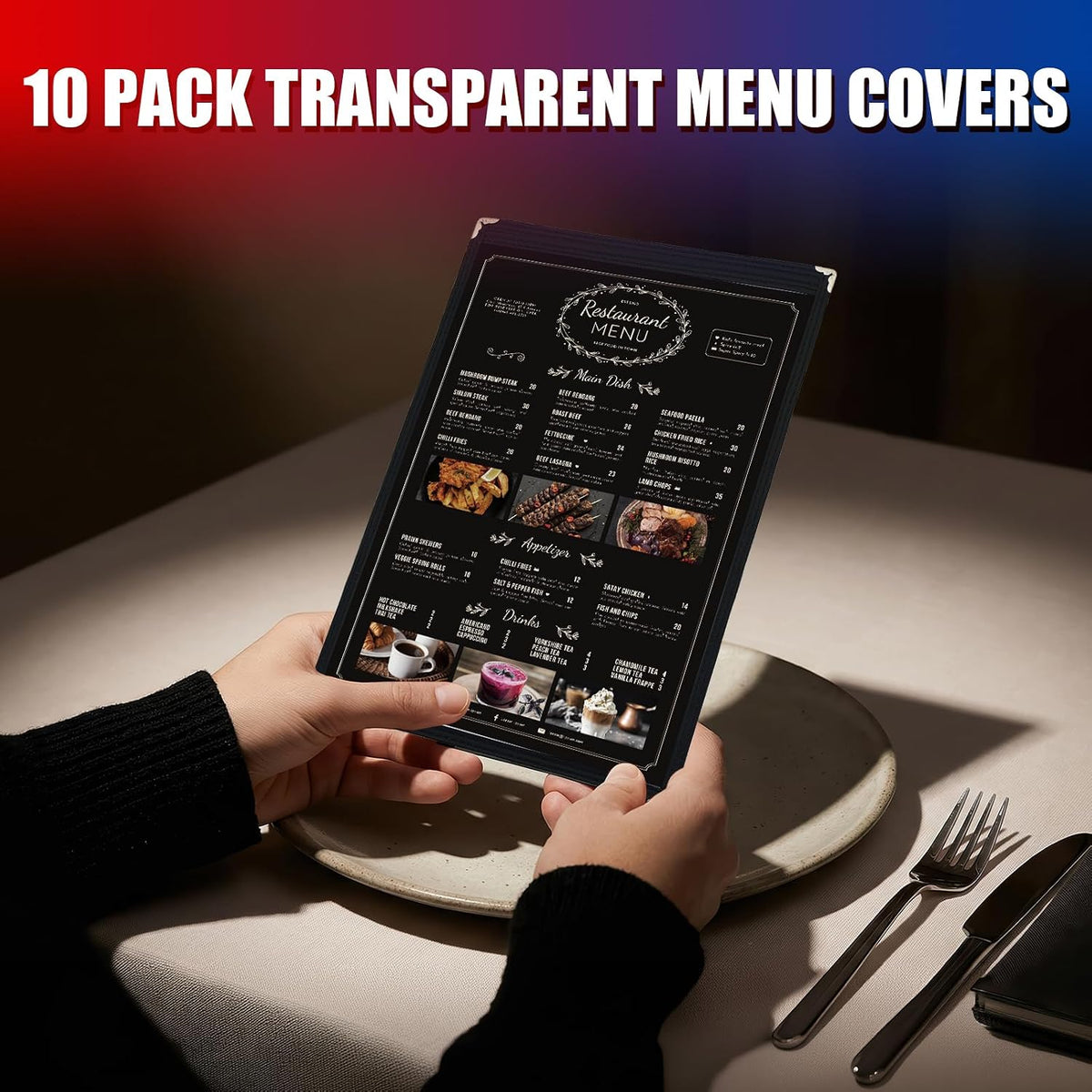 10 Pack 8.5 x 11 Inch Menu Covers 1 Page, Clear PVC Menu Sleeves