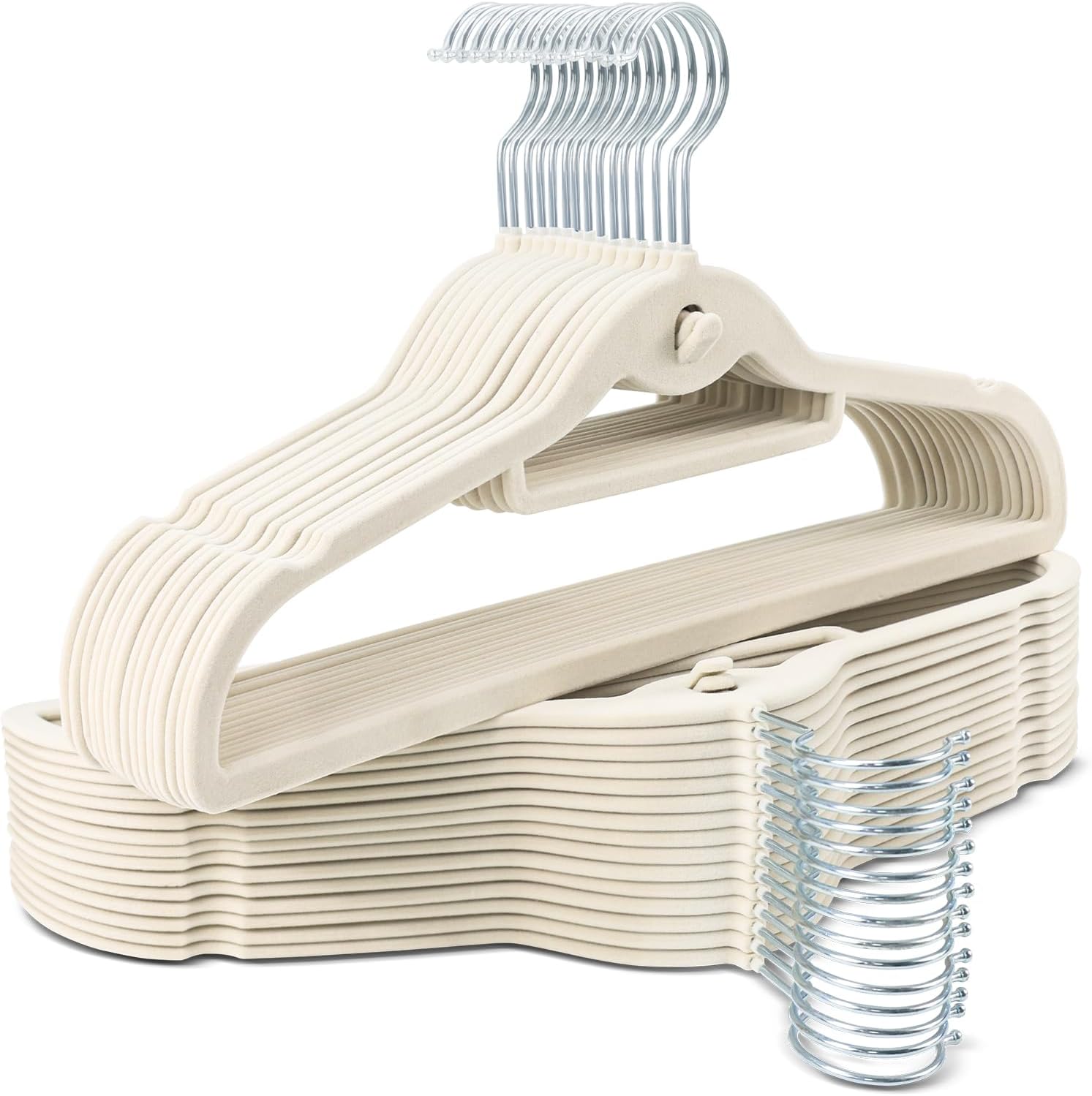 Velvet Hangers 30 Pack, Ivory Slim Non-Slip Clothes Hangers | With 360° Swivel Hook and Cascading Hooks; Space Saving