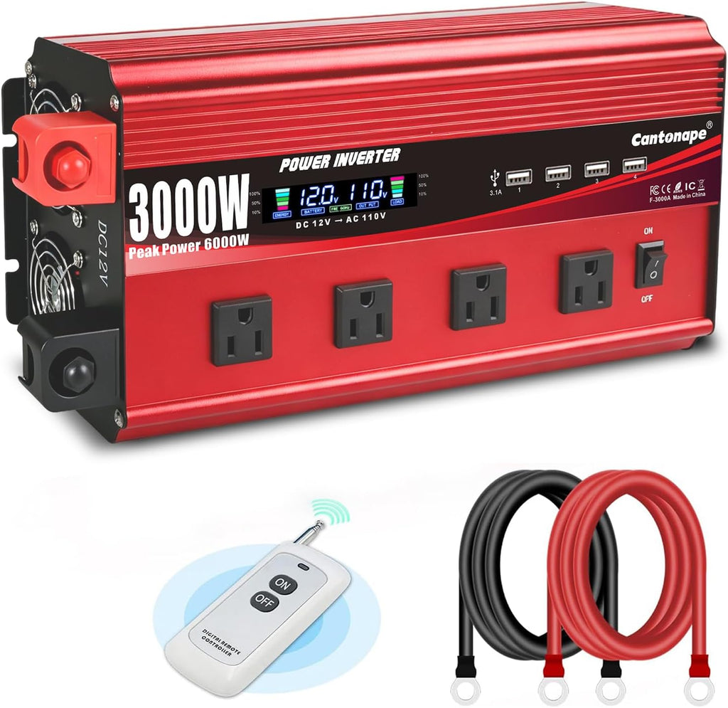 3000W Power Inverter 12V to 110V/120V DC to AC with LCD Display | Remote Controller 4 x AC Outlets and 4 x 3.1A USB