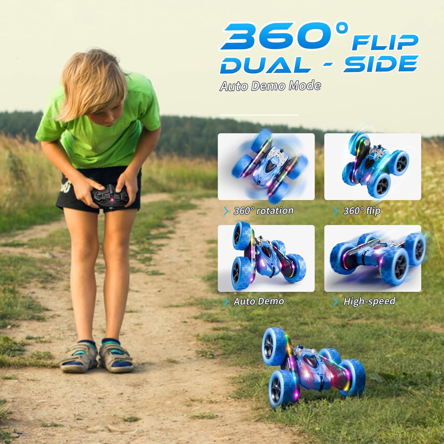 Remote Control Stunt Car 4WD 360° Flip Double‑Sided RC Cars, LED Light Bar, USB‑C Modular Battery, 2.4 GHz Outdoor