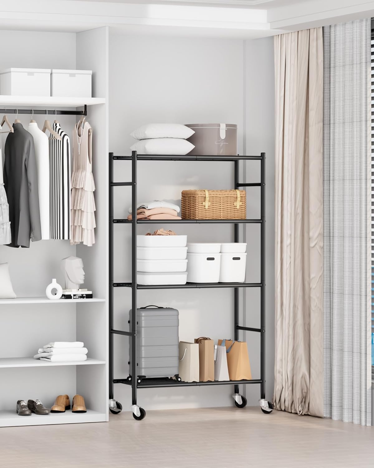 Storage Shelves Organizer - 4 Tier Metal Shelf Organizer with Metal Wheels and Adjustable Leveling Feet, Heavy Duty