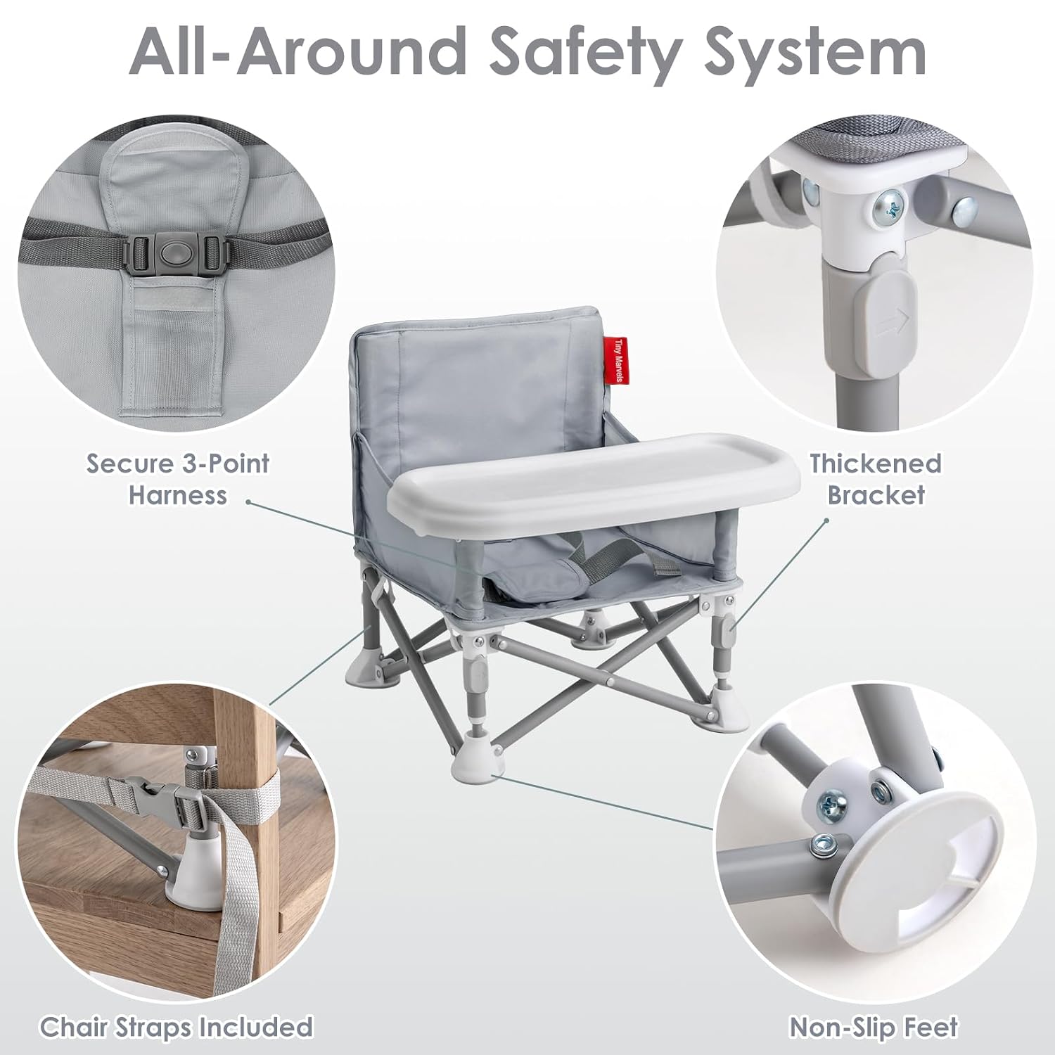 Portable Booster Seat, Foldable Baby High Chair with Removable Tray, Safety Harness & Carry Bag – for Toddlers Ages