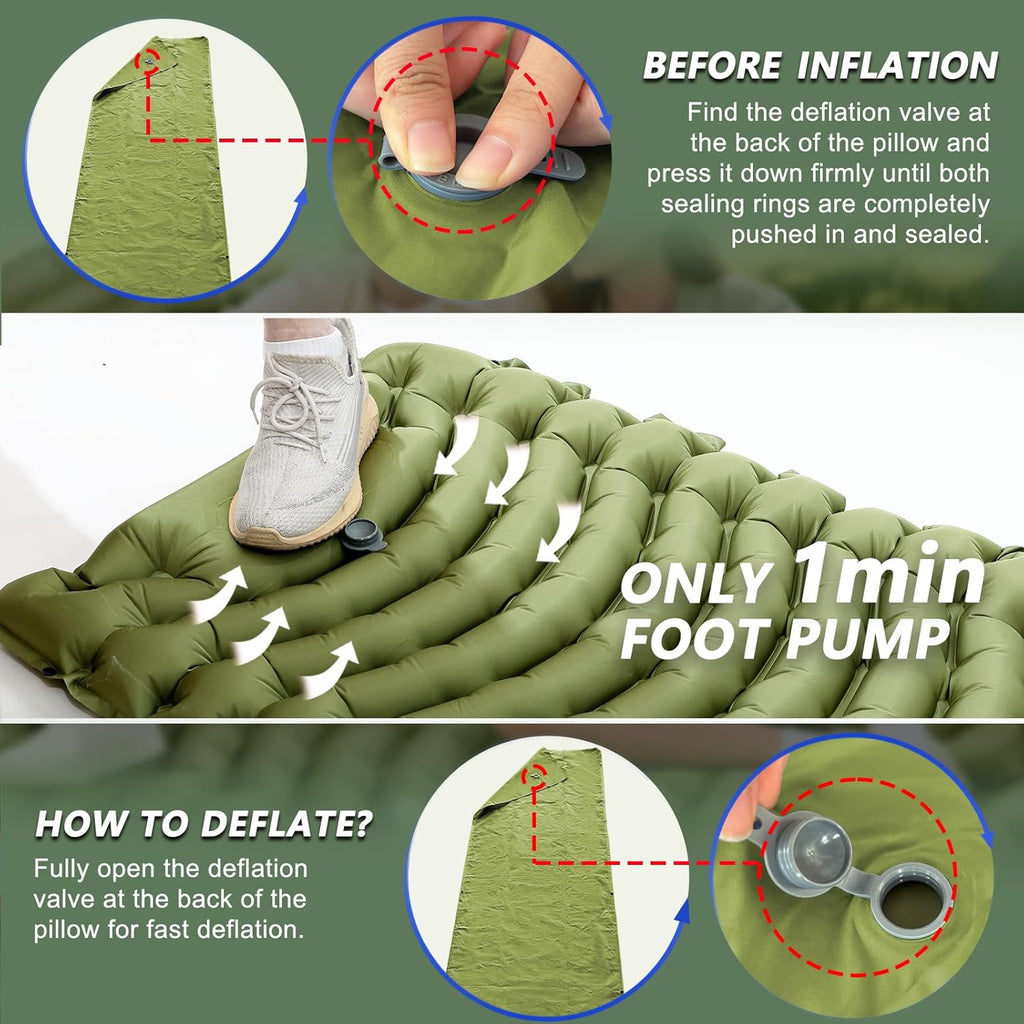 Ultralight Camping Sleeping Pad with Pillow & Built-in Foot Pump | Camping Mattress, Compact Inflatable Portable Mat
