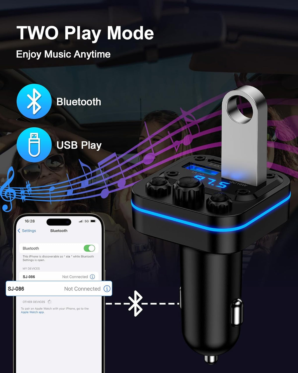 Bluetooth Fm Transmitter for Car, Fast Charging, Blue Tooth 5.4 Car Charger | USB-C USB-A Multi Ports, Wireless Radio