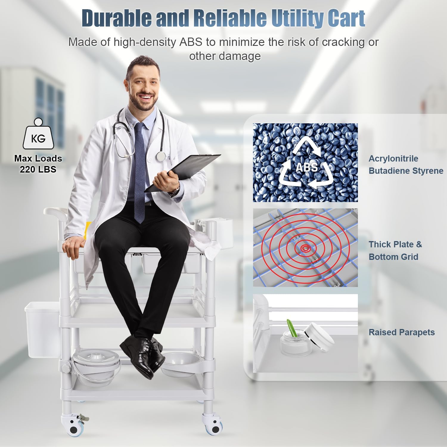 Mobile Medical Cart 3-Tier Professional Utility Cart 330 LBS Max Load | Rolling Crash Cart Ultrasound Trolley, With