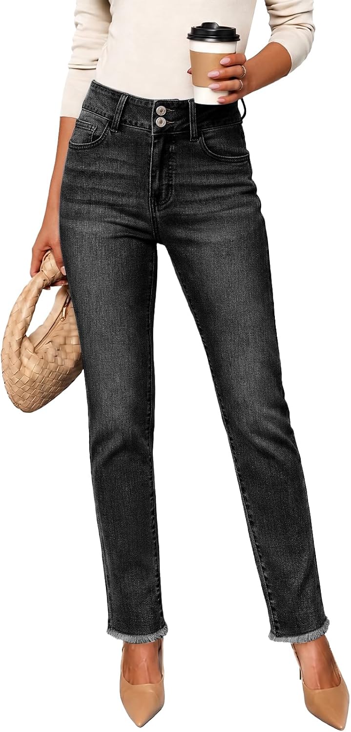 Womens High Waisted Skinny Jeans Double Button Denim Pants