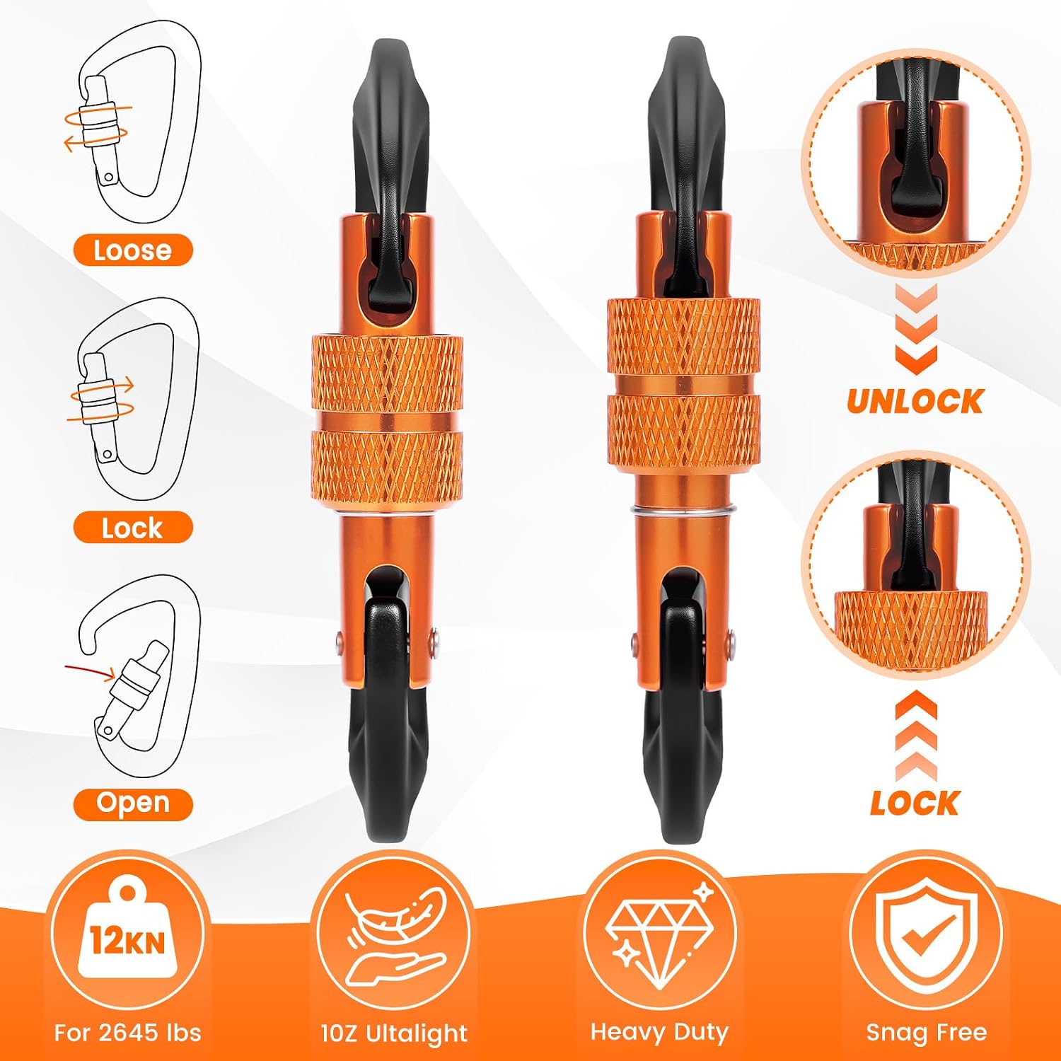 3 Heavy Duty Carabiner Clips 12kN (2697 lbs)-Lightweight Locking Carabiners for Securing Pets，Camping, Hiking