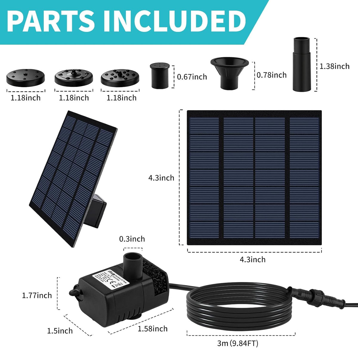 Solar Fountain Pump, DIY Solar Water Pump Kit for Bird Bath, Upgraded 1.8W Solar Powered Fountain with 9.84FT Cord &