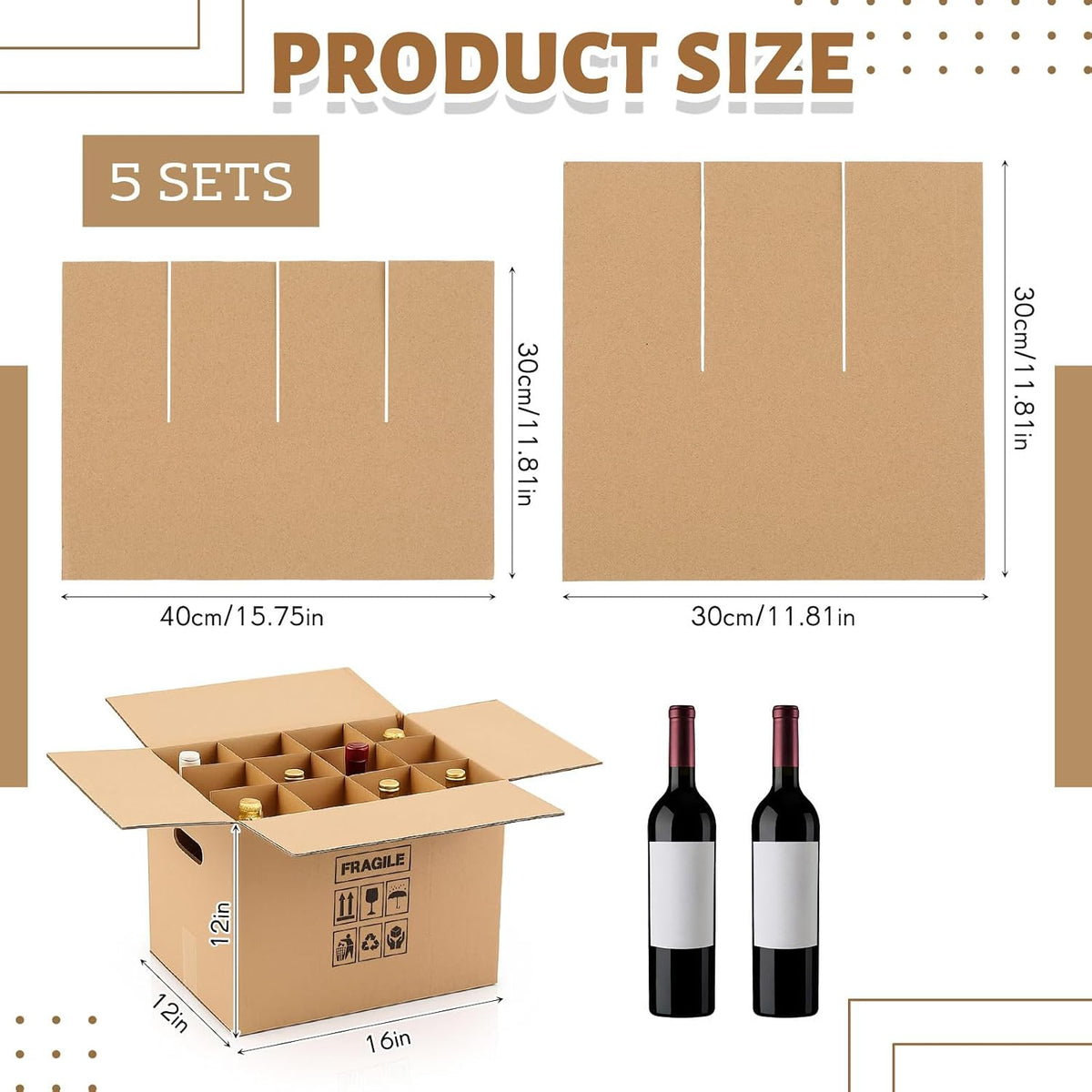 5 Sets Wine Boxes for Moving Kits 16 x 12 x 12 Inch 12 Bottle