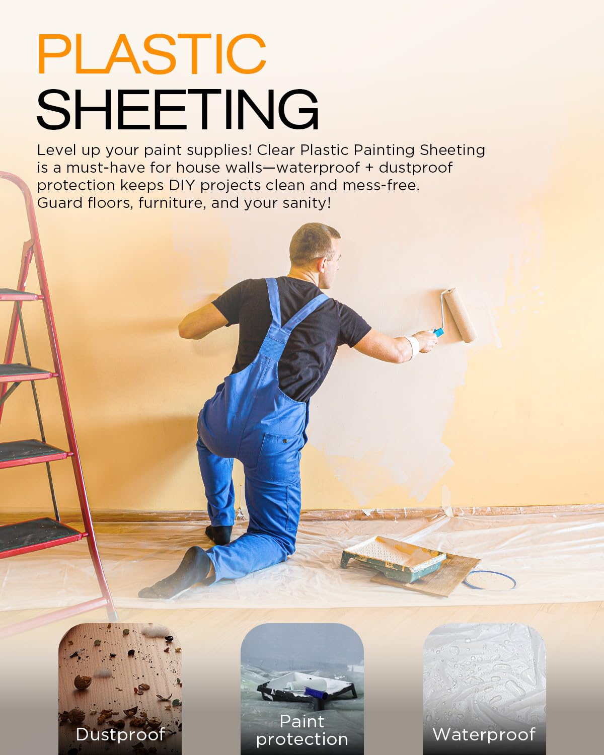 Plastic Drop Cloths for Painting, 9x12 Ft Plastic Sheeting, 0.4Mil (8-Pack)