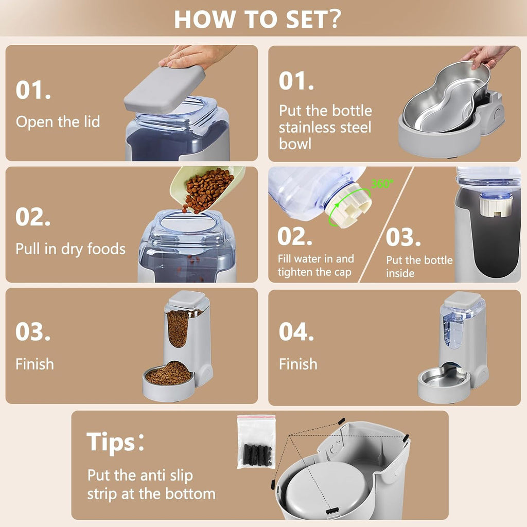 Automatic Cat Feeder and Water Dispenser with Stainless Steel Bowl Dog Gravity Food Feeder and Waterer for Small