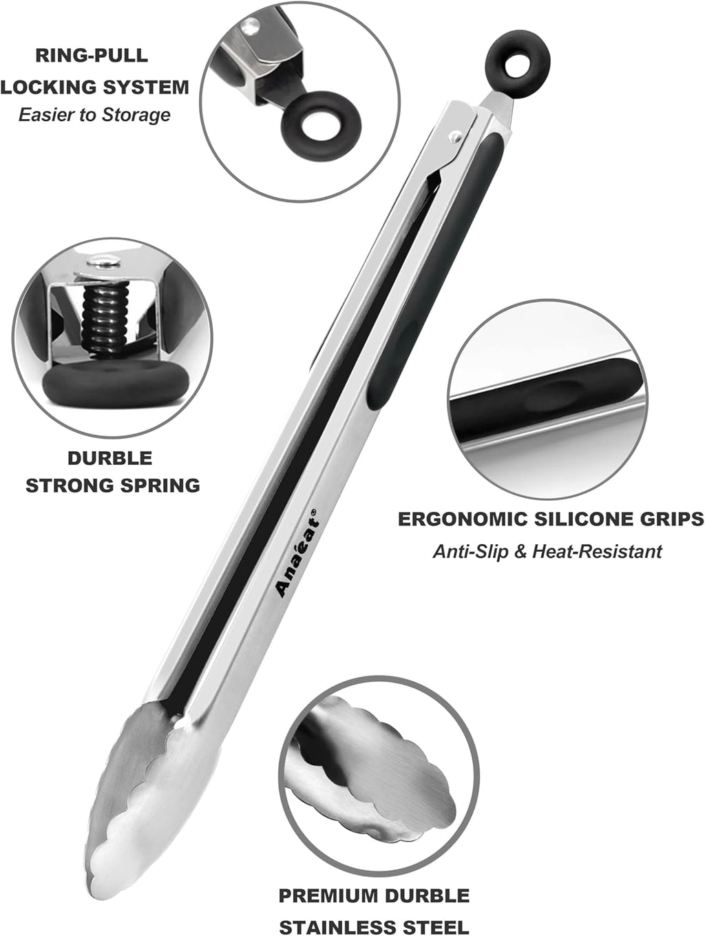 Premium Kitchen Locking Tong Set of 3 - Heavy Duty Stainless Steel Food Tongs with Long Handle & Non-Slip Silicone
