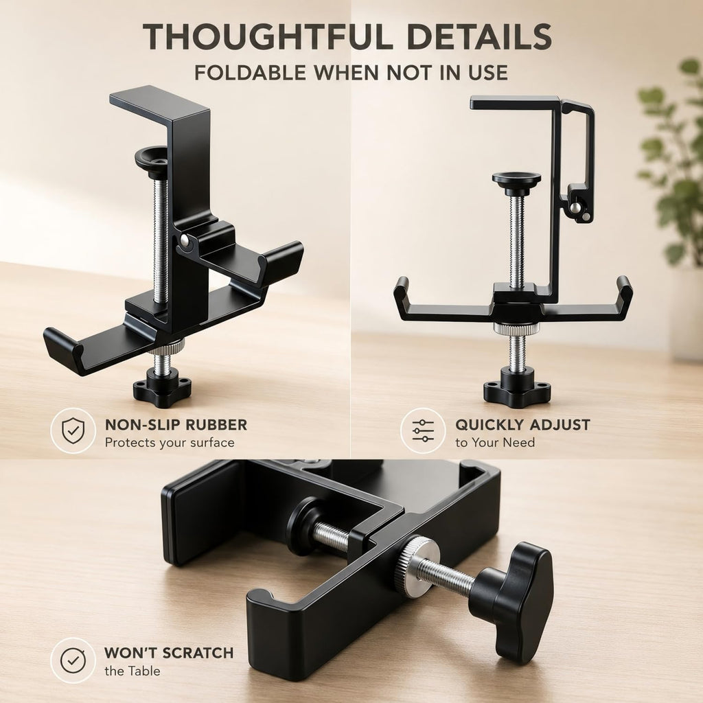 Headphone Stand for Desk, 3 Hooks Aluminum Alloy Headphone Holder (1 Foldable+2 Fixed) Space Saving Headset Stand