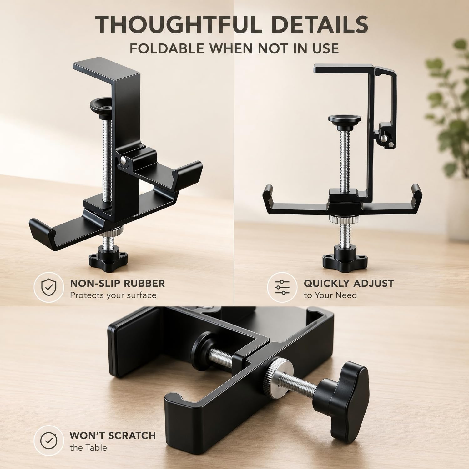 Headphone Stand for Desk, 3 Hooks Aluminum Alloy Headphone Holder (1 Foldable+2 Fixed) Space Saving Headset Stand