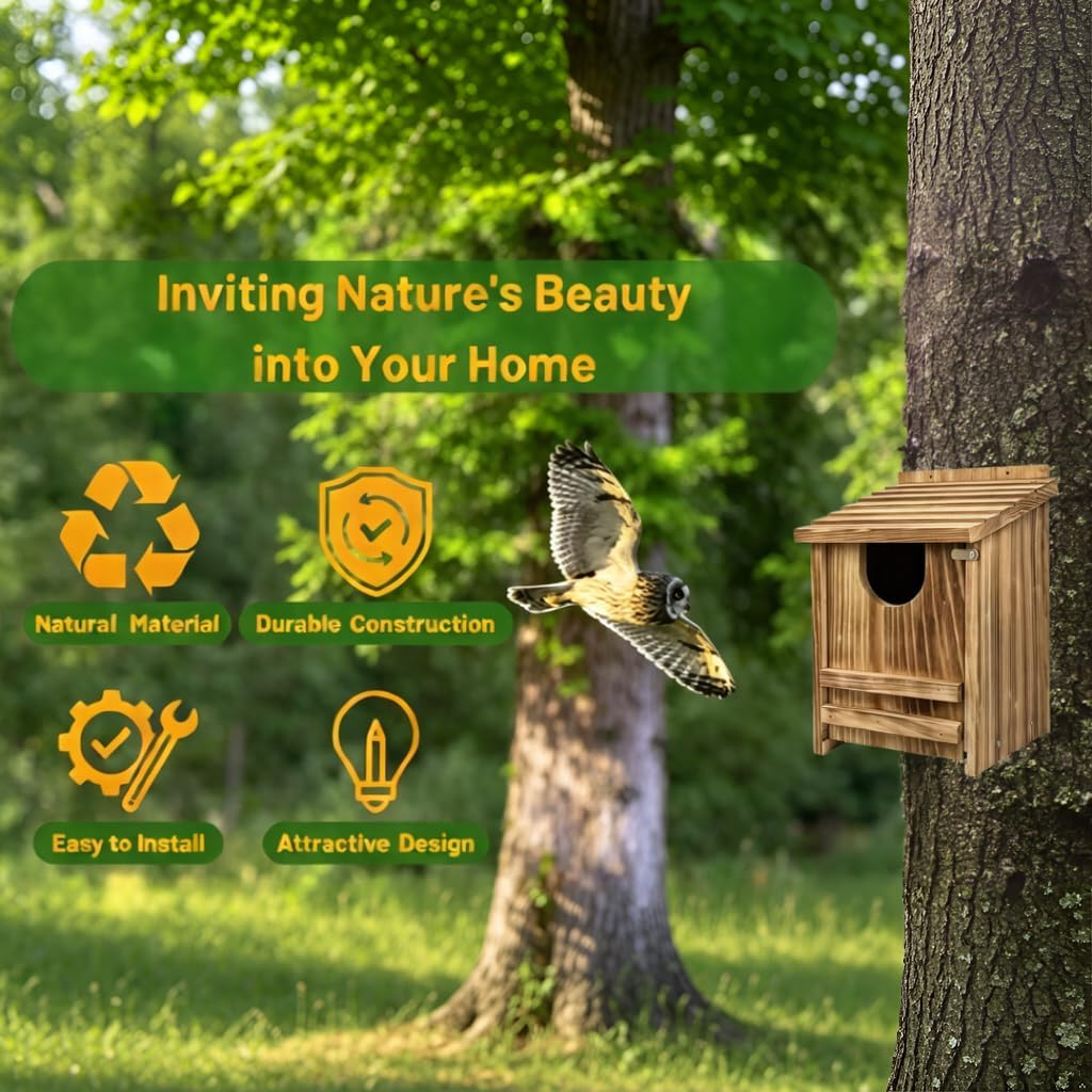 Carbonized Pine Owl Box, Screech Owl Nesting Box 14"x9"x9"