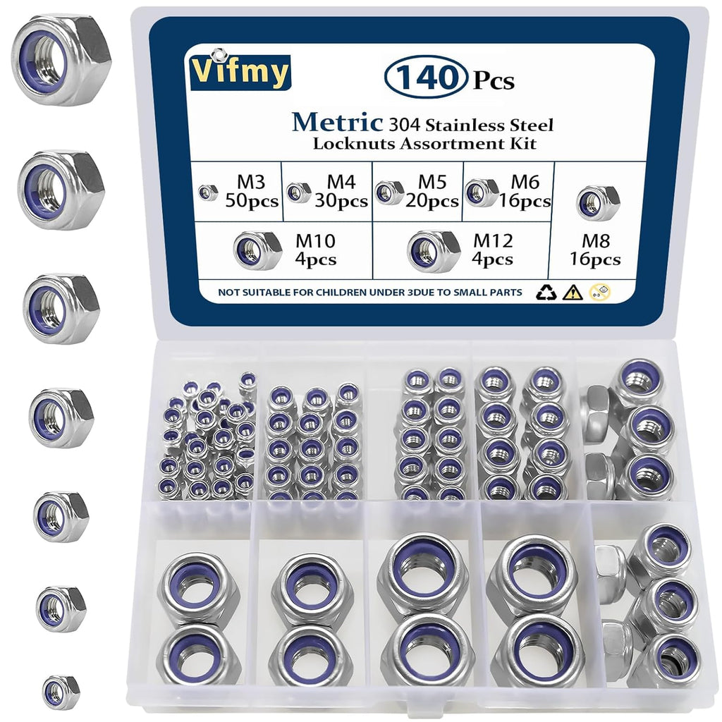 Metric Lock Nut Assortment Kit,140Pcs Stainless M3-M12 Locking Nuts