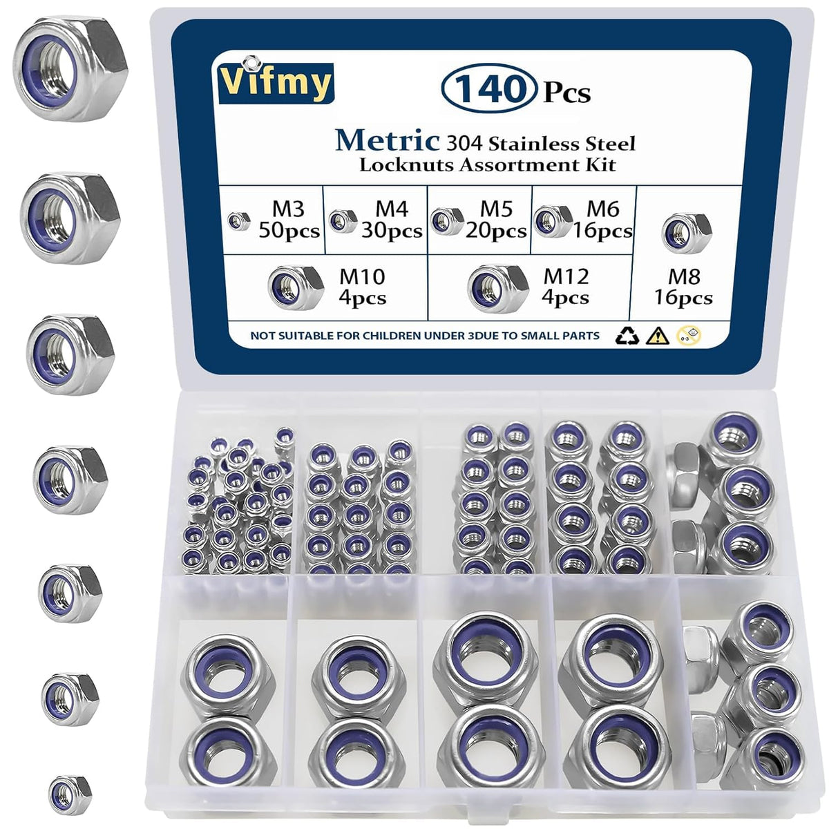 Metric Lock Nut Assortment Kit,140Pcs Stainless M3-M12 Locking Nuts