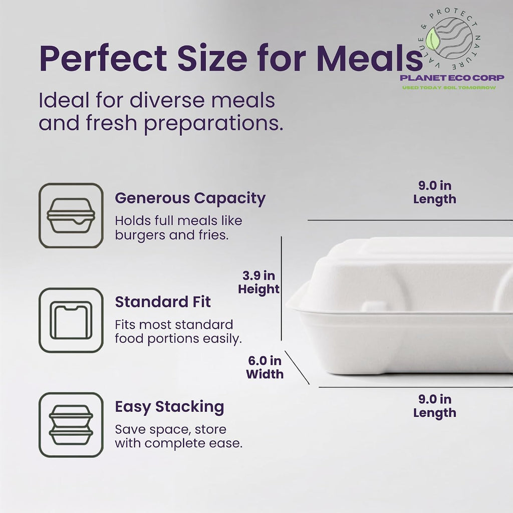 9x6 Compostable Take Out Containers with Lids, 25 Pack - Hinged Clamshell to Go Boxes, Heavy Duty Sugarcane Bagasse