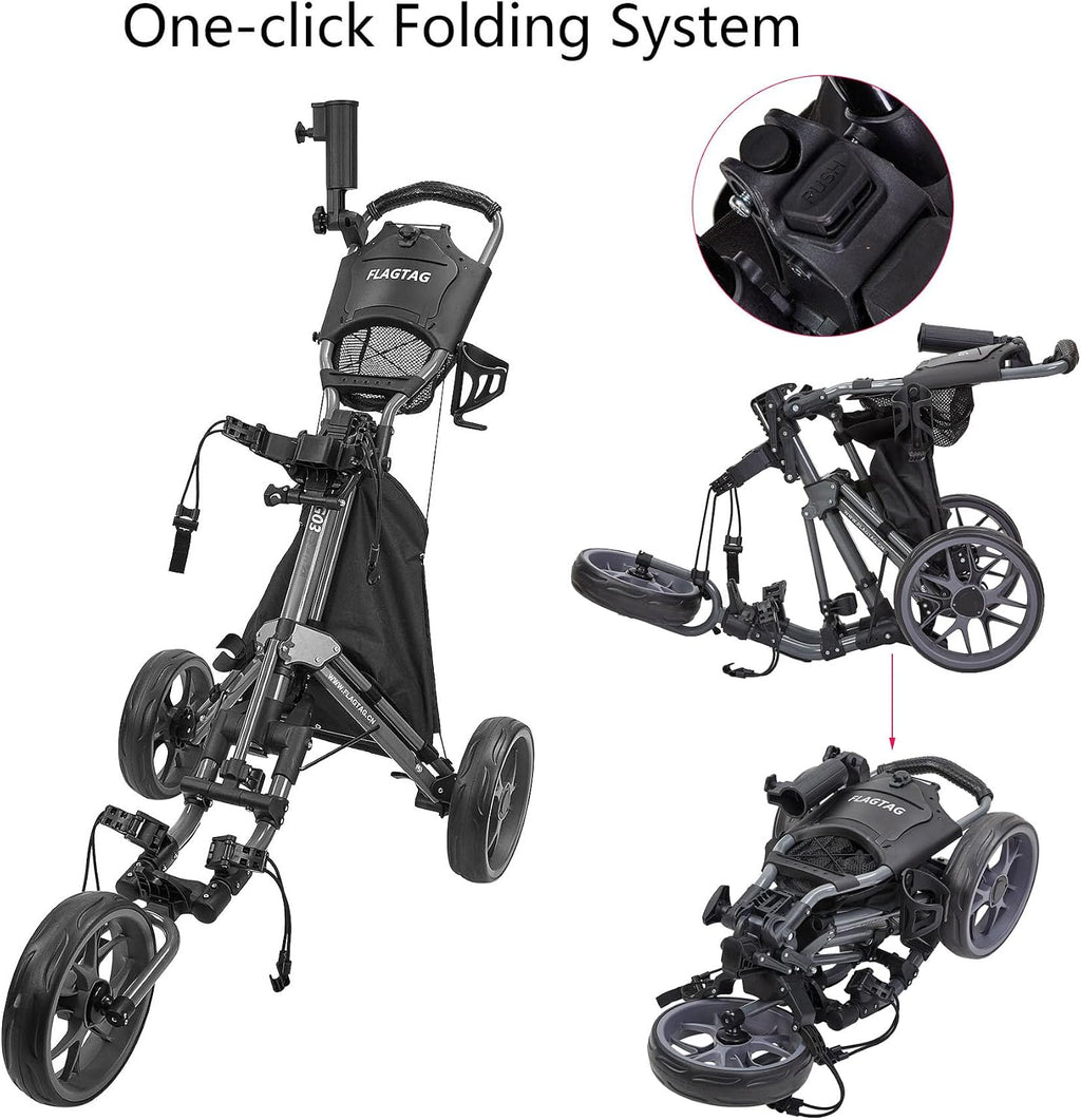 Golf Push Cart 3 Wheel,Foldable Golf Push Cart,Golf Bag Cart with Foot Brake,Umbrella Holder, Cup Holder, Storage