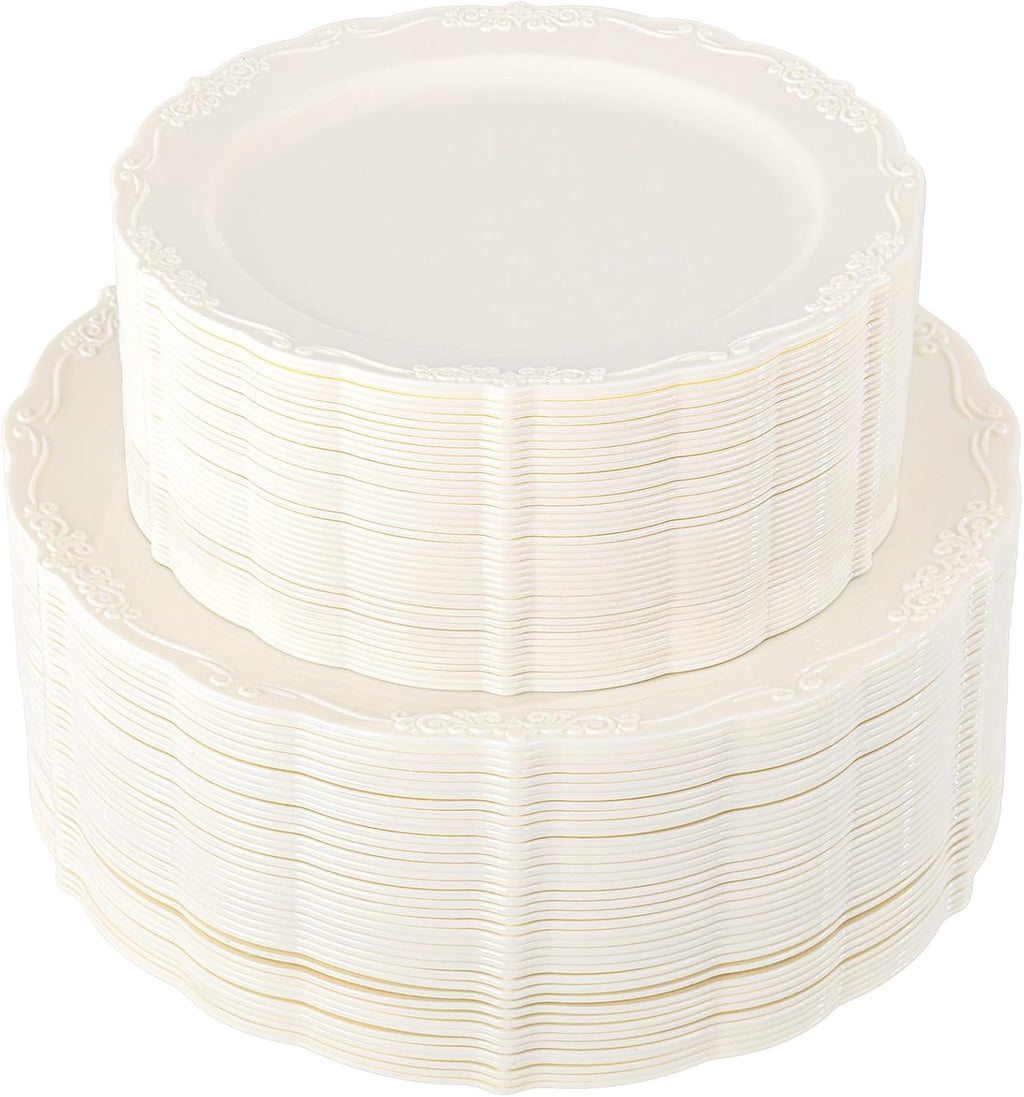 100 Pcs Ivory Plastic Plates for Party - Ivory Disposable Plates