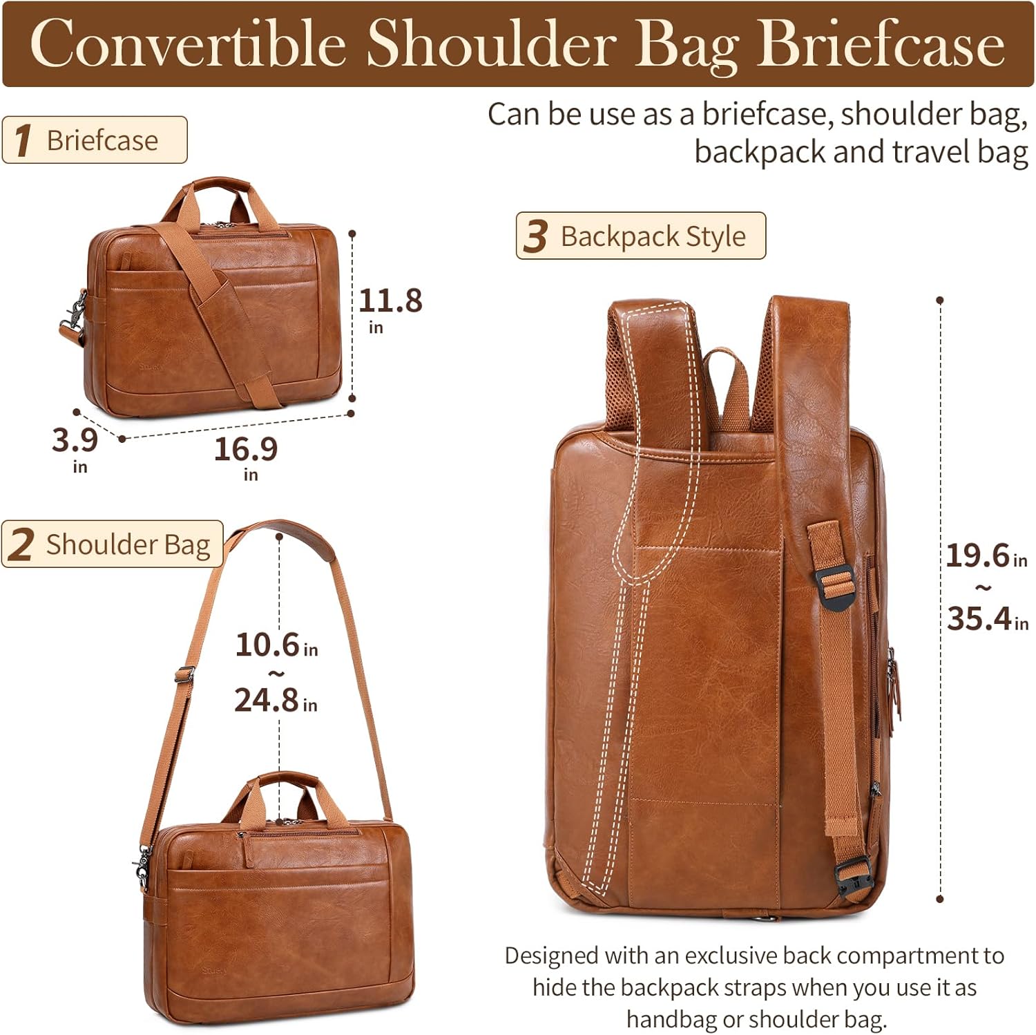 Faux Leather Messenger Bag for Men | 17-17.3 Inch Leather Mens Laptop Bag Leather Briefcasen Convertible Backpack 3
