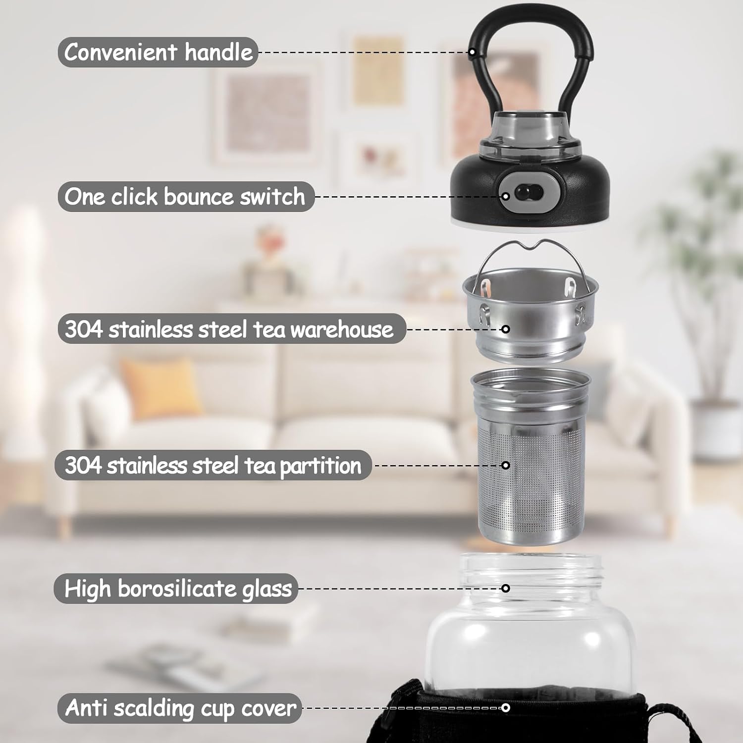 34oz tea bottle with infuser - Large Capacity Glass Water Bottle, With Time Mark, Stainless Steel Tea
