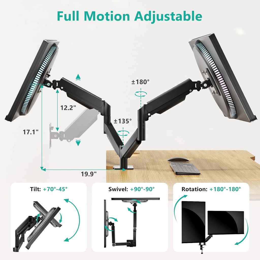 Adjustable Dual Monitor Arm for 13-27 inch Screens, 19.8 lbs per Arm | Dual Monitor Desk Mount, Full Motion with
