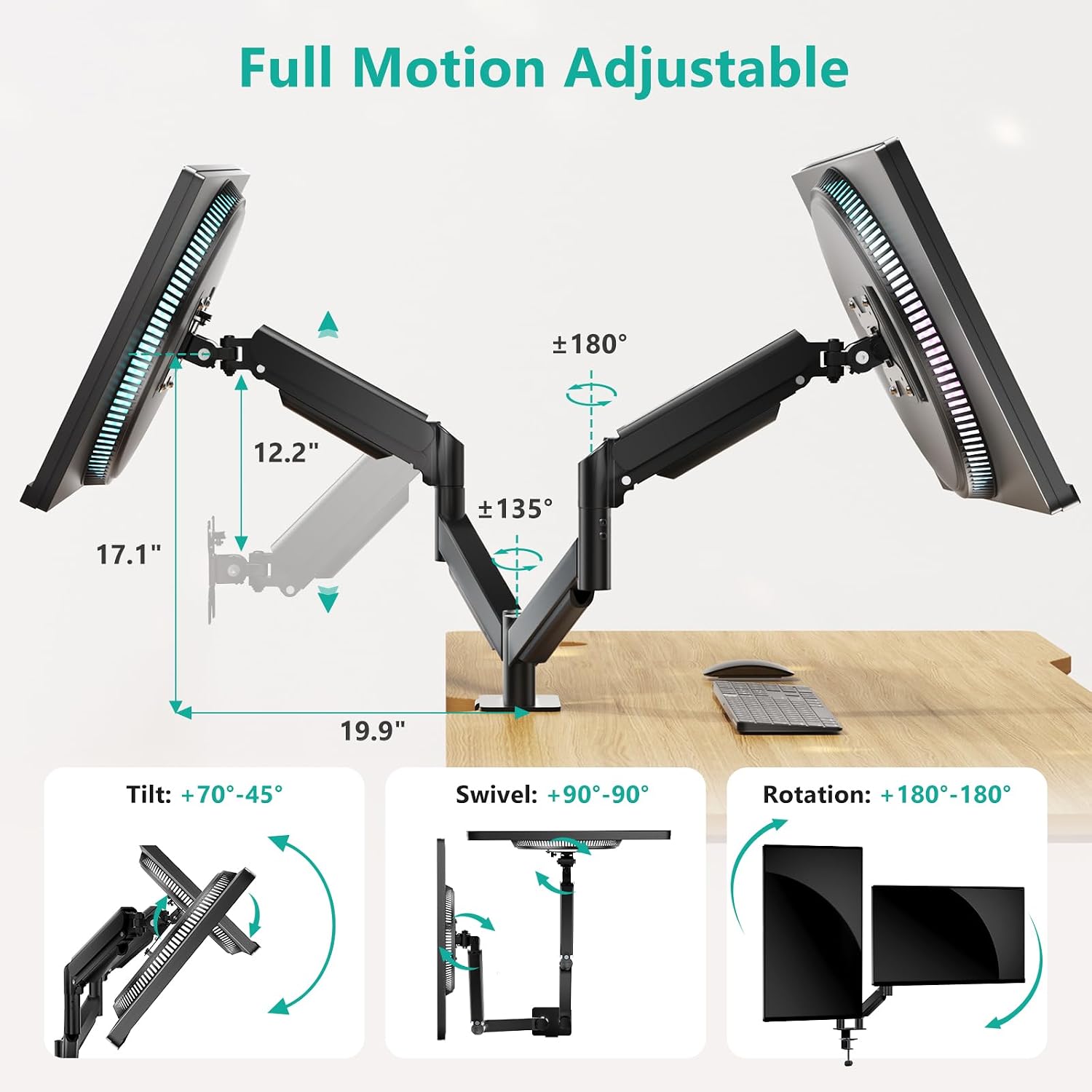 Adjustable Dual Monitor Arm for 13-27 inch Screens, 19.8 lbs per Arm | Dual Monitor Desk Mount, Full Motion with