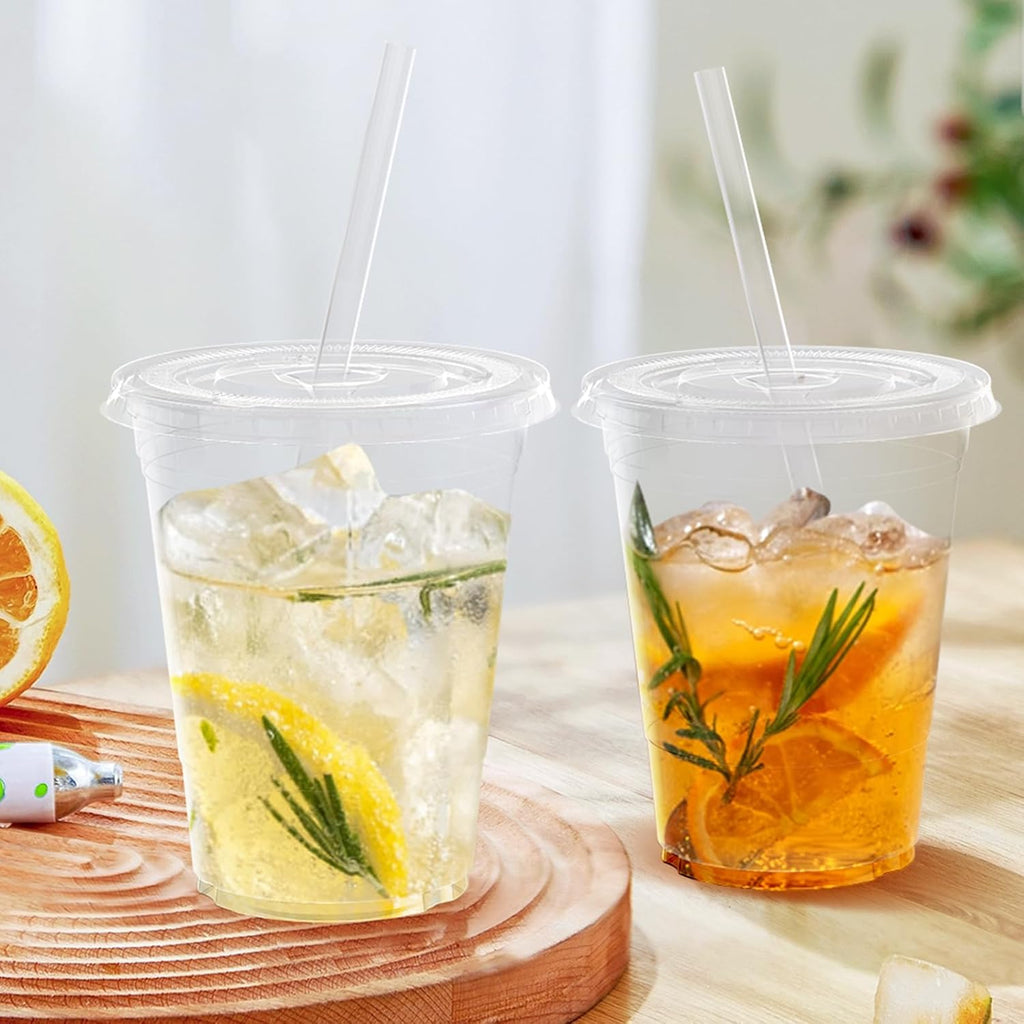 100 Pack - 16 oz Clear Plastic Cups with Lids and Straws