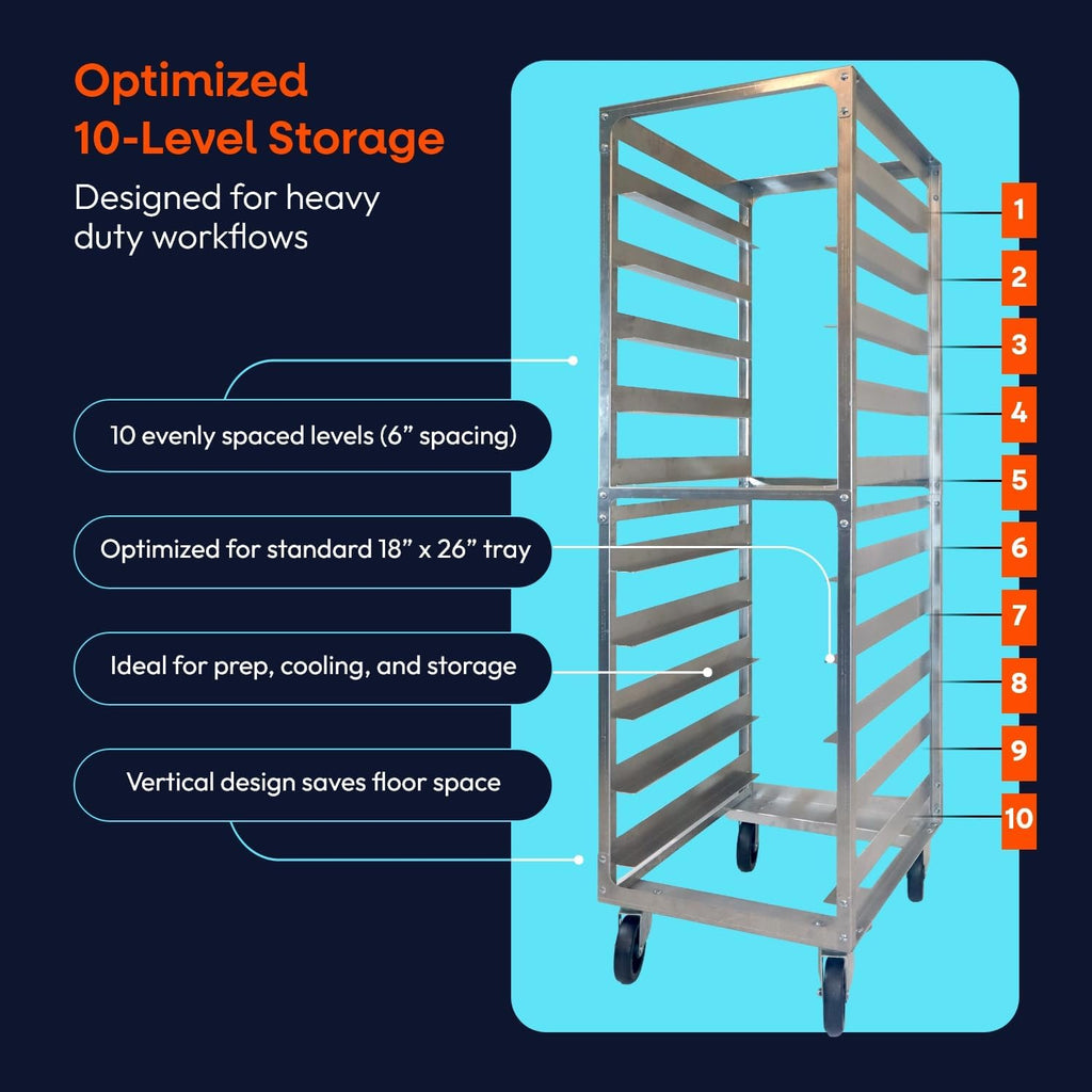 10 Tier Sheet pan Rack 6" Spacing Aluminum Pan Rack, Heavy-Duty Rack for Electronics & Pharma, Mobile Clean Room Rack