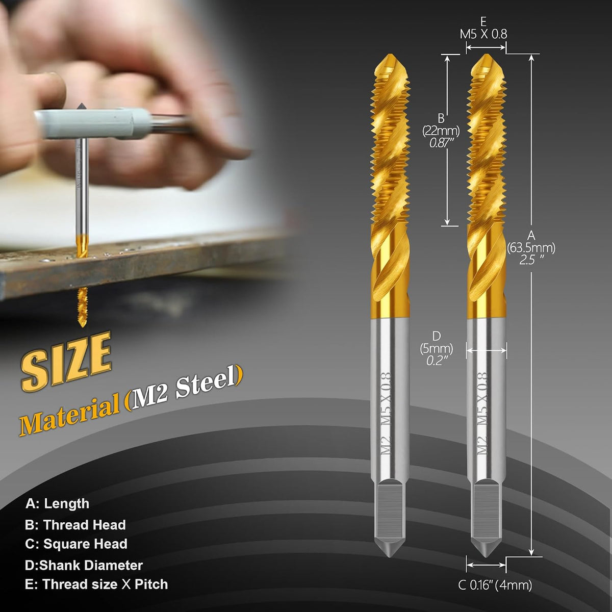 2Pcs M5x0.8 Spiral Flute Metric Thread Tap,Thread Milling Tap for Metal