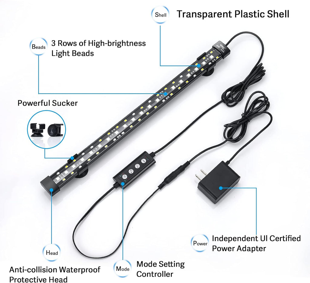 24/7 Mode Submersible Aquarium LED Light, Full Spectrum Hidden Fish Tank Light with 3 Rows Beads 7 Colors Auto On Off