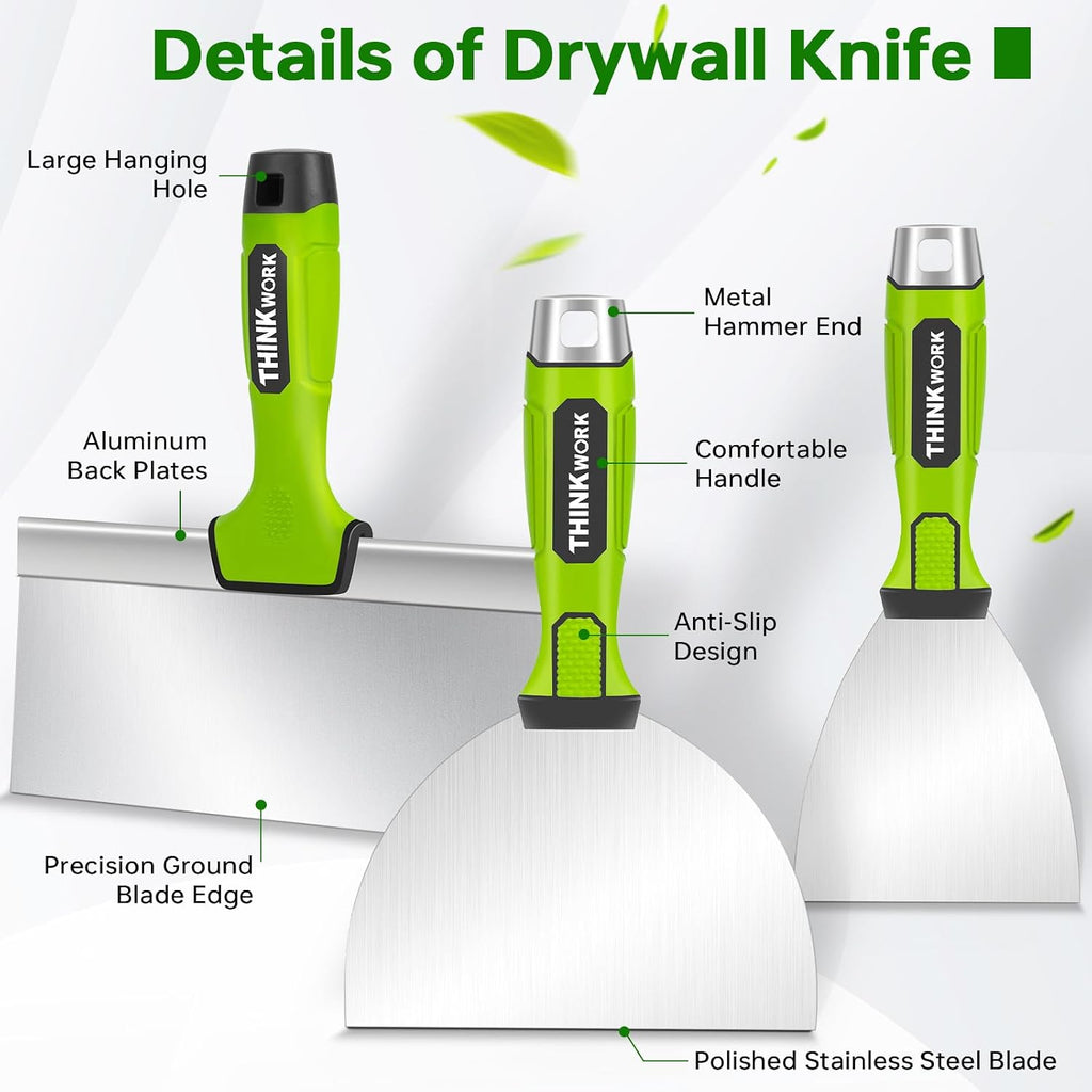 8Pcs Drywall Tools, Drywall Knife Set with 10" Mud Pan | Stainless Steel Putty & Taping Knives, Painter Scraper
