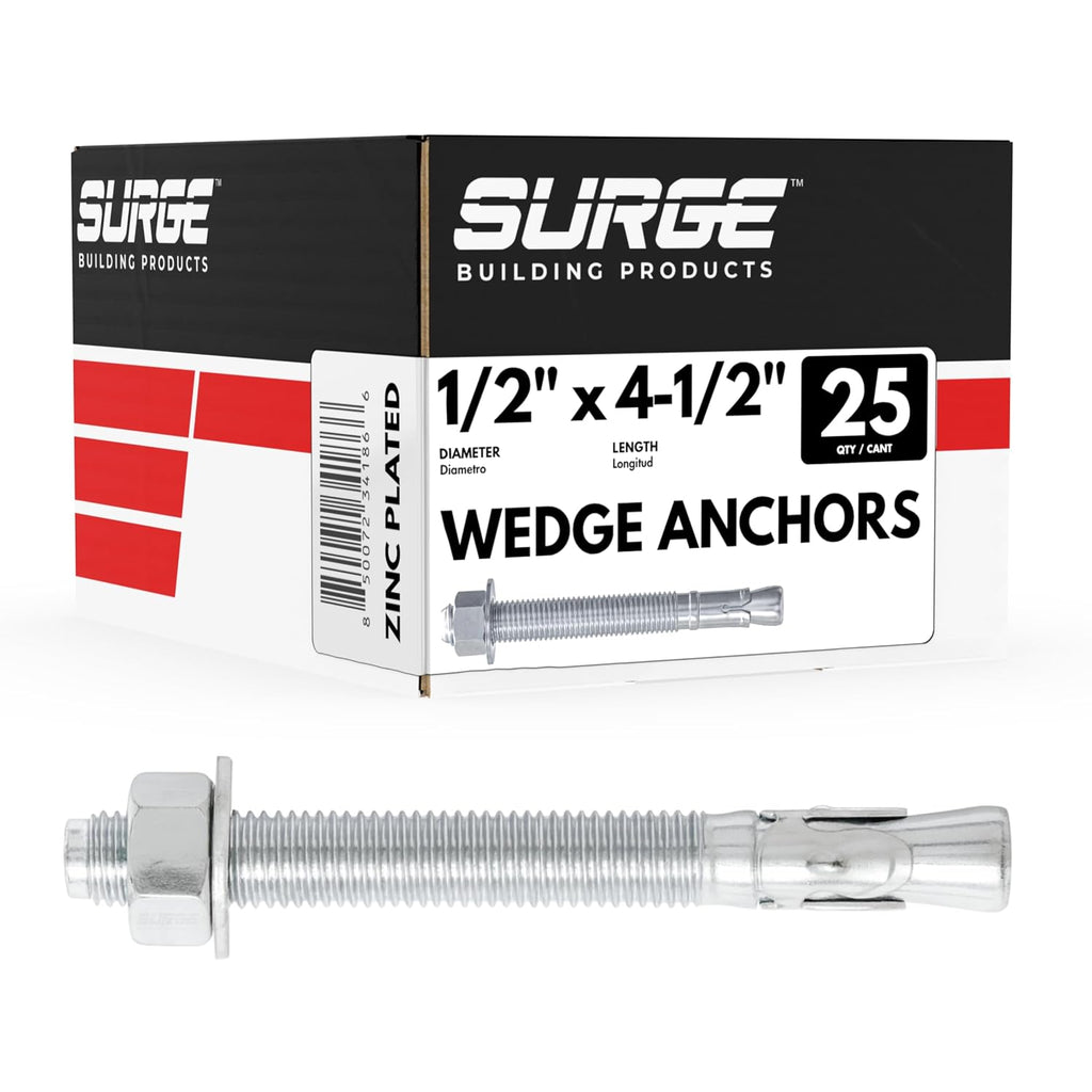 1/2" x 4-1/2" Zinc-Plated Wedge Anchors for Concrete & Cement (Box of 25) | Heavy-Duty 1/2 Concrete Anchor Bolts |