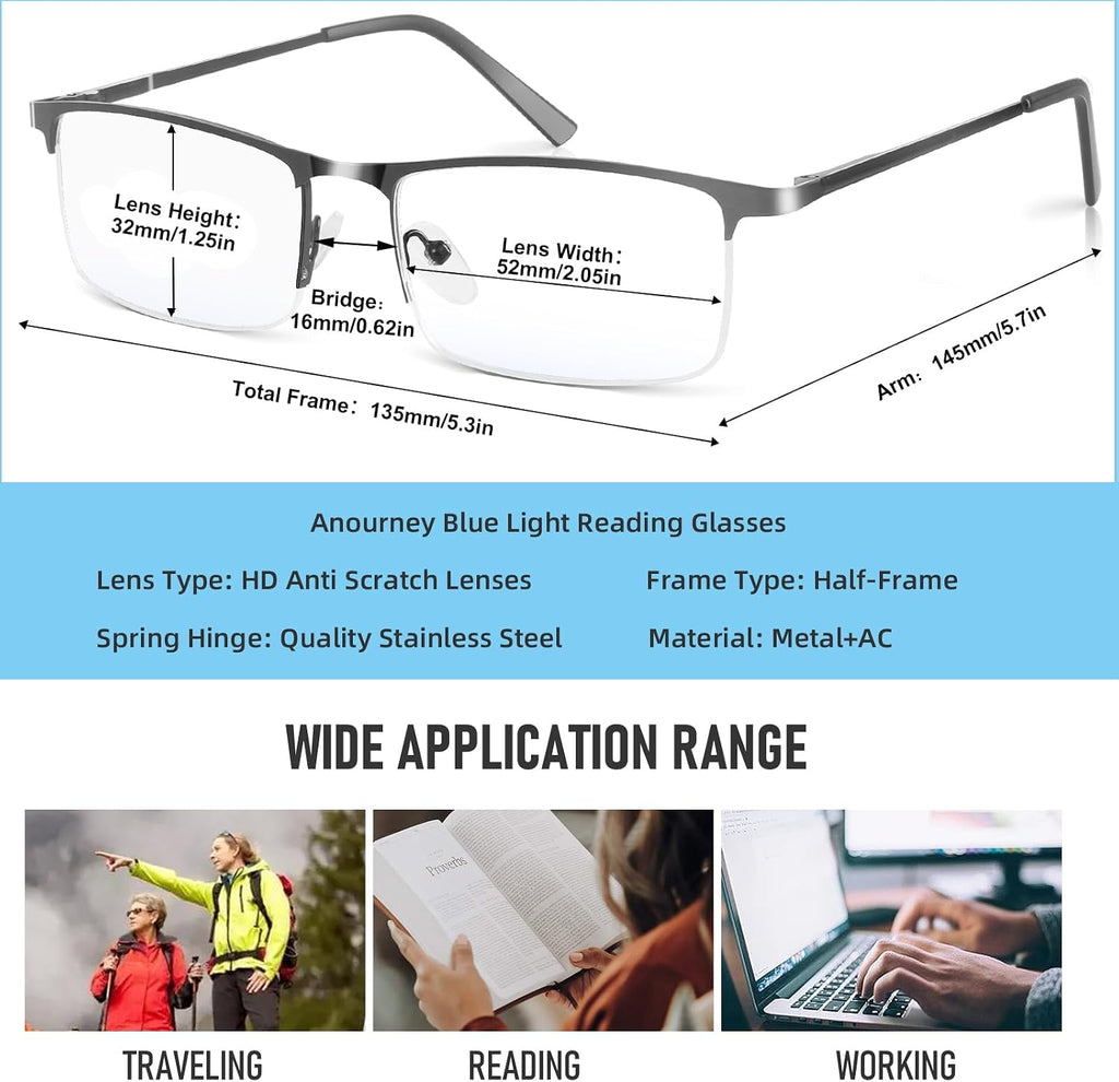 Blue Light Blocking Glasses, Lightweight Metal Half Frame Computer Reading/Gaming/TV/Phones Glasses,Filter UV