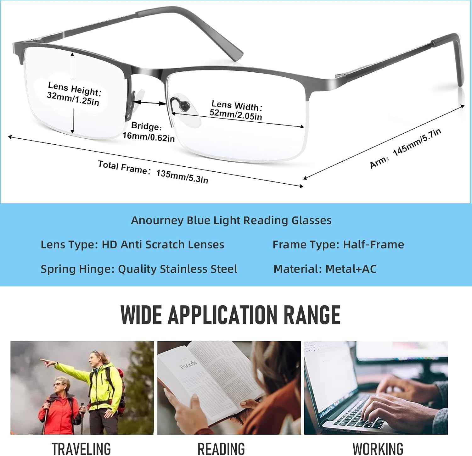 Blue Light Blocking Glasses, Lightweight Metal Half Frame Computer Reading/Gaming/TV/Phones Glasses,Filter UV