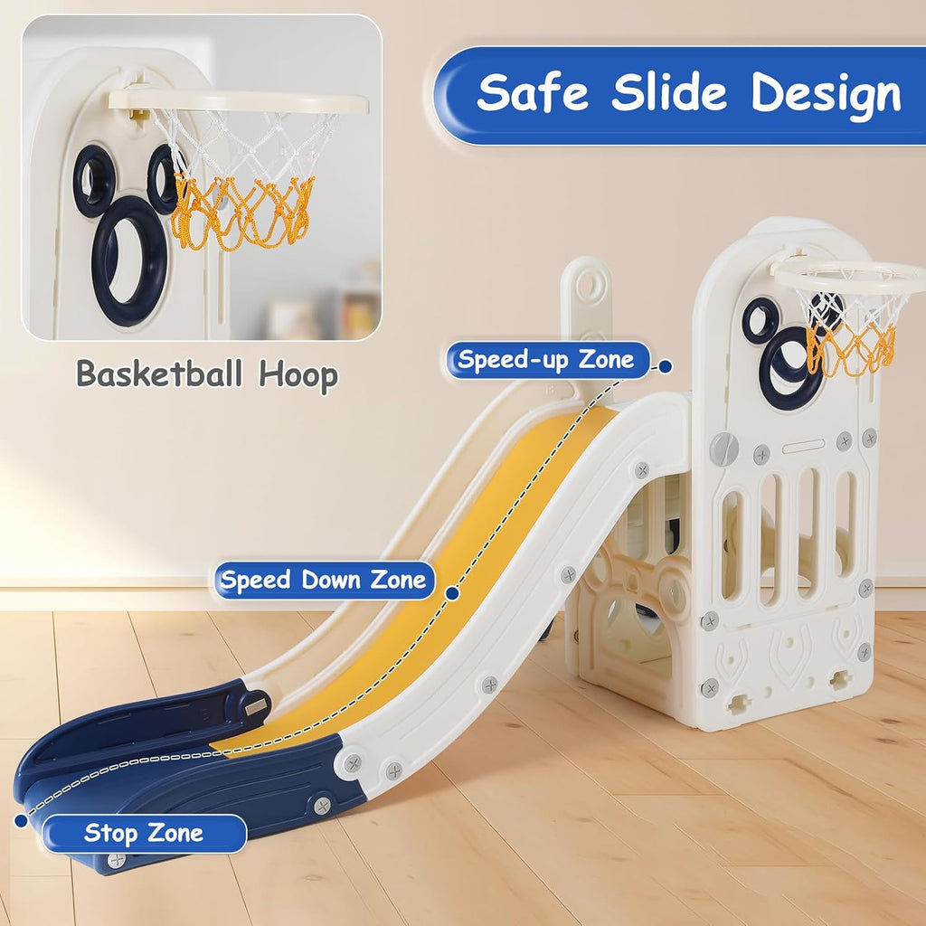 6 in 1 Toddler Slide, Extra-Long Slide for Kids Climber Playset, Indoor Outdoor Playground with Basketball Hoop &