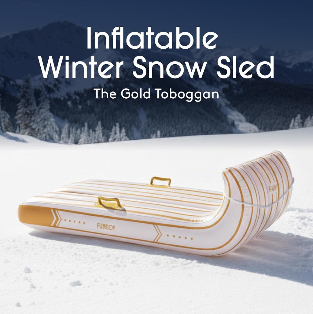 Gold & White Stripe Toboggan Inflatable Snow Sled | Luxury, Retro Holiday Stripe Design, Heavy-Duty, Perfect for Snow