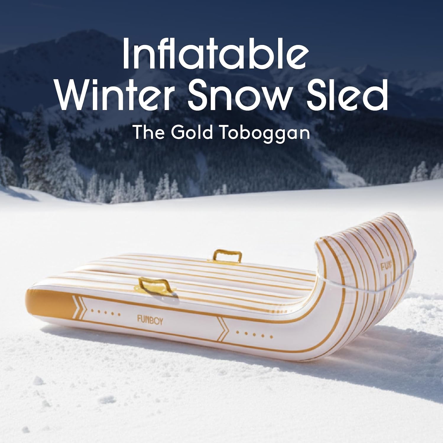 Gold & White Stripe Toboggan Inflatable Snow Sled | Luxury, Retro Holiday Stripe Design, Heavy-Duty, Perfect for Snow