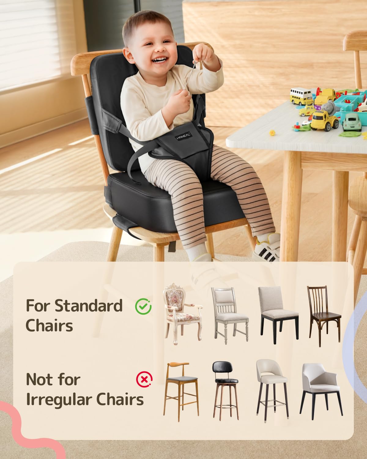 Booster Seat for Kitchen Chair, Breathable Toddler Booster Seat for Dining Table with Backrest and Adjustable Straps